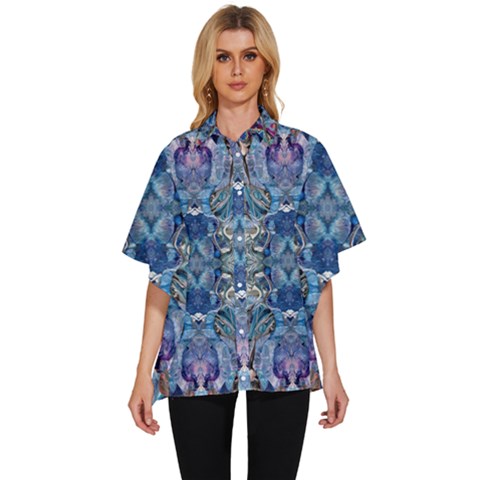 Blue Pour Blend  Women s Batwing Button Up Shirt by kaleidomarblingart