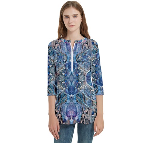 Blue Pour Blend  Women s Zip Front V-neck 3/4 Sleeve Casual Top Pocket Shirt by kaleidomarblingart