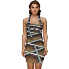 0118 F Expression Of Structure Large Sleeveless Wide Square Neckline Ruched Bodycon Dress by geonetique