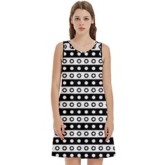 Black And White Circles Pattern Round Neck Sleeve Casual Dress With Pockets