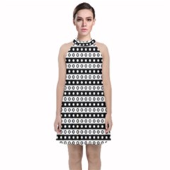 Black And White Circles Pattern Velvet Halter Neckline Dress 