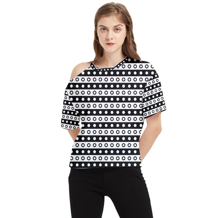 Black And White Circles Pattern One Shoulder Cut Out T-Shirt