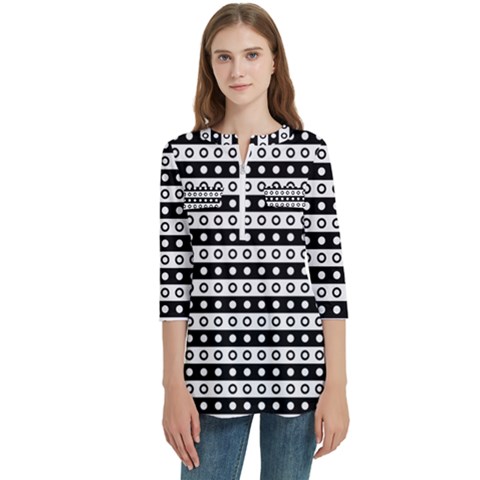 Black And White Circles Pattern Women s Zip Front V-neck 3/4 Sleeve Casual Top Pocket Shirt by ytdream