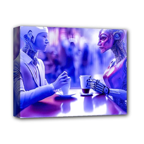 Cyborgs Couple Eating Drinks At Street Coffee (ai) Deluxe Canvas 14  X 11  (stretched)