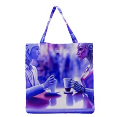 Cyborgs Couple Eating Drinks At Street Coffee (ai) Grocery Tote Bag