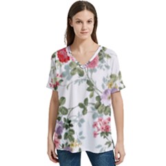 Floral Elements Peony Chinese Rose V-neck Split Shoulder Casual T-shirt by Grandong