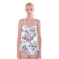 Floral Elements Peony Chinese Rose Boyleg Halter Swimsuit 