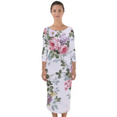 Floral Elements Peony Chinese Rose Quarter Sleeve Midi Bodycon Dress