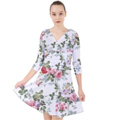 Floral Elements Peony Chinese Rose Quarter Sleeve Front Wrap Dress