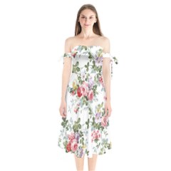 Floral Elements Peony Chinese Rose Shoulder Tie Bardot Midi Dress