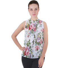 Floral Elements Peony Chinese Rose Mock Neck Chiffon Sleeveless Top