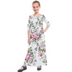 Floral Elements Peony Chinese Rose Kids  Quarter Sleeve Maxi Dress