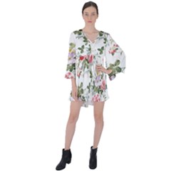 Floral Elements Peony Chinese Rose V-neck Flare Sleeve Mini Dress by Grandong