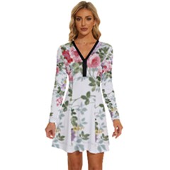 Floral Elements Peony Chinese Rose Long Sleeve Deep V Mini Dress 