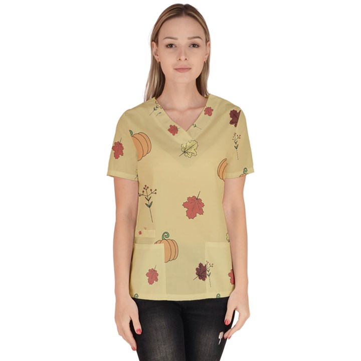 Halloween Fall Pattern Women s V-Neck Scrub Top