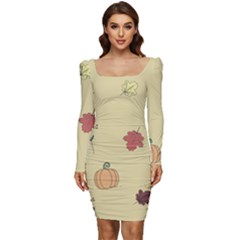 Halloween Fall Pattern Women Long Sleeve Ruched Stretch Jersey Dress by Apenda