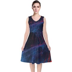 Abstract Feathers V-neck Midi Sleeveless Dress 