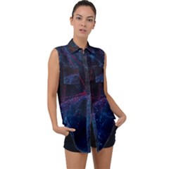 Abstract Feathers Sleeveless Chiffon Button Shirt