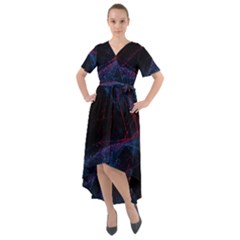 Abstract Feathers Front Wrap High Low Dress