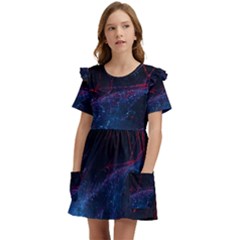 Abstract Feathers Kids  Frilly Sleeves Pocket Dress