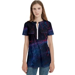 Abstract Feathers Women s Zip Front V-neck Short Sleeve Casual Top Pocket Shirt