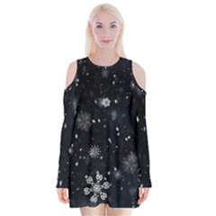 Snowflakes Snow Snowfall Snowing Velvet Long Sleeve Shoulder Cutout Dress