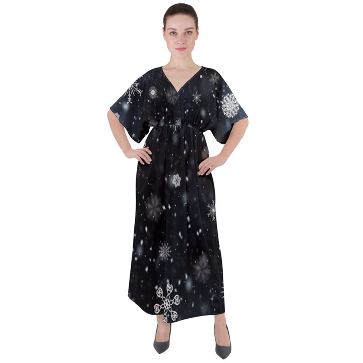 Snowflakes Snow Snowfall Snowing V-Neck Boho Style Maxi Dress