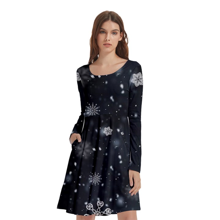 Snowflakes Snow Snowfall Snowing Long Sleeve Knee Length Skater Dress With Pockets