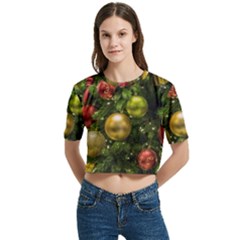 Christmas Tree Ornament Deco Women s Round Neck Short Sleeve Crop Top by Apenda