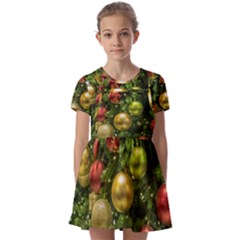 Christmas Tree Ornament Deco Kids  Short Sleeve Pinafore Style Dress