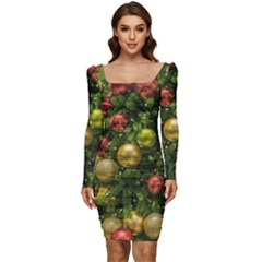 Christmas Tree Ornament Deco Women Long Sleeve Ruched Stretch Jersey Dress by Apenda