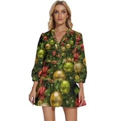 Christmas Tree Ornament Deco V-neck Placket Mini Dress