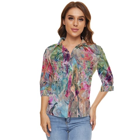 Flow Women s Quarter Sleeve Pocket Shirt by kaleidomarblingart