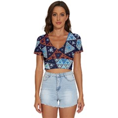 Fractal Triangle Geometric Abstract Pattern V-neck Crop Top by Cemarart