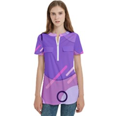 Colorful Labstract Wallpaper Theme Women s Zip Front V-neck Short Sleeve Casual Top Pocket Shirt