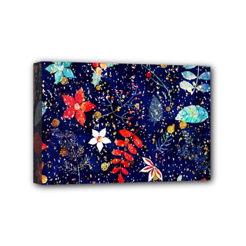 Festive Floral Pattern Christmas Blue Floral Flower Foliage Leaves Pattern Red Snow Winter Mini Canvas 6  X 4  (stretched)