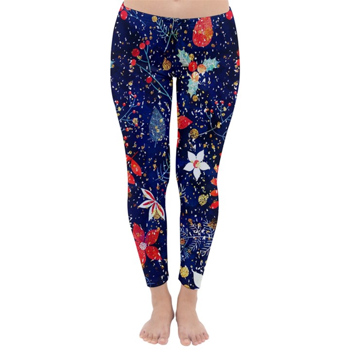 Festive Floral Pattern Christmas Blue Floral Flower Foliage Leaves Pattern Red Snow Winter Classic Winter Leggings