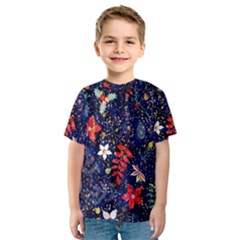 Festive Floral Pattern Christmas Blue Floral Flower Foliage Leaves Pattern Red Snow Winter Kids  Sport Mesh T-shirt