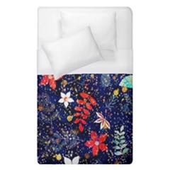 Festive Floral Pattern Christmas Blue Floral Flower Foliage Leaves Pattern Red Snow Winter Duvet Cover (single Size)