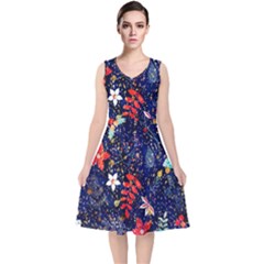 Festive Floral Pattern Christmas Blue Floral Flower Foliage Leaves Pattern Red Snow Winter V-neck Midi Sleeveless Dress  by Maspions