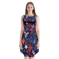 Festive Floral Pattern Christmas Blue Floral Flower Foliage Leaves Pattern Red Snow Winter Sleeveless Chiffon Dress  