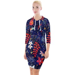 Festive Floral Pattern Christmas Blue Floral Flower Foliage Leaves Pattern Red Snow Winter Quarter Sleeve Hood Bodycon Dress