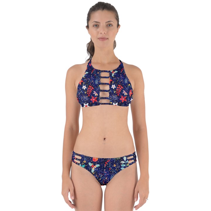 Festive Floral Pattern Christmas Blue Floral Flower Foliage Leaves Pattern Red Snow Winter Perfectly Cut Out Bikini Set