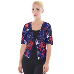 Festive Floral Pattern Christmas Blue Floral Flower Foliage Leaves Pattern Red Snow Winter Cropped Button Cardigan