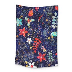 Festive Floral Pattern Christmas Blue Floral Flower Foliage Leaves Pattern Red Snow Winter Small Tapestry