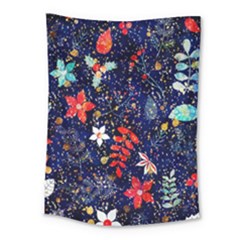 Festive Floral Pattern Christmas Blue Floral Flower Foliage Leaves Pattern Red Snow Winter Medium Tapestry