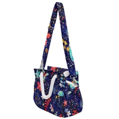 Festive Floral Pattern Christmas Blue Floral Flower Foliage Leaves Pattern Red Snow Winter Rope Handles Shoulder Strap Bag