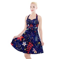 Festive Floral Pattern Christmas Blue Floral Flower Foliage Leaves Pattern Red Snow Winter Halter Party Swing Dress 