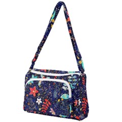 Festive Floral Pattern Christmas Blue Floral Flower Foliage Leaves Pattern Red Snow Winter Front Pocket Crossbody Bag