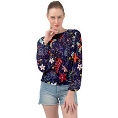 Festive Floral Pattern Christmas Blue Floral Flower Foliage Leaves Pattern Red Snow Winter Banded Bottom Chiffon Top